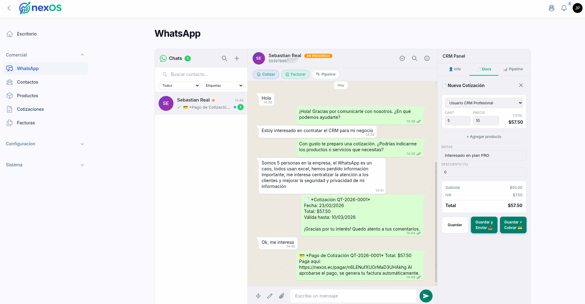Panel principal de nexOS para operar ventas, catalogo, cobros y WhatsApp